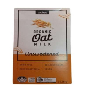 COLES ORG UNSWEETENED OAT MILK 1 L COLES ORG UNSWEETENED OAT MILK 1 L